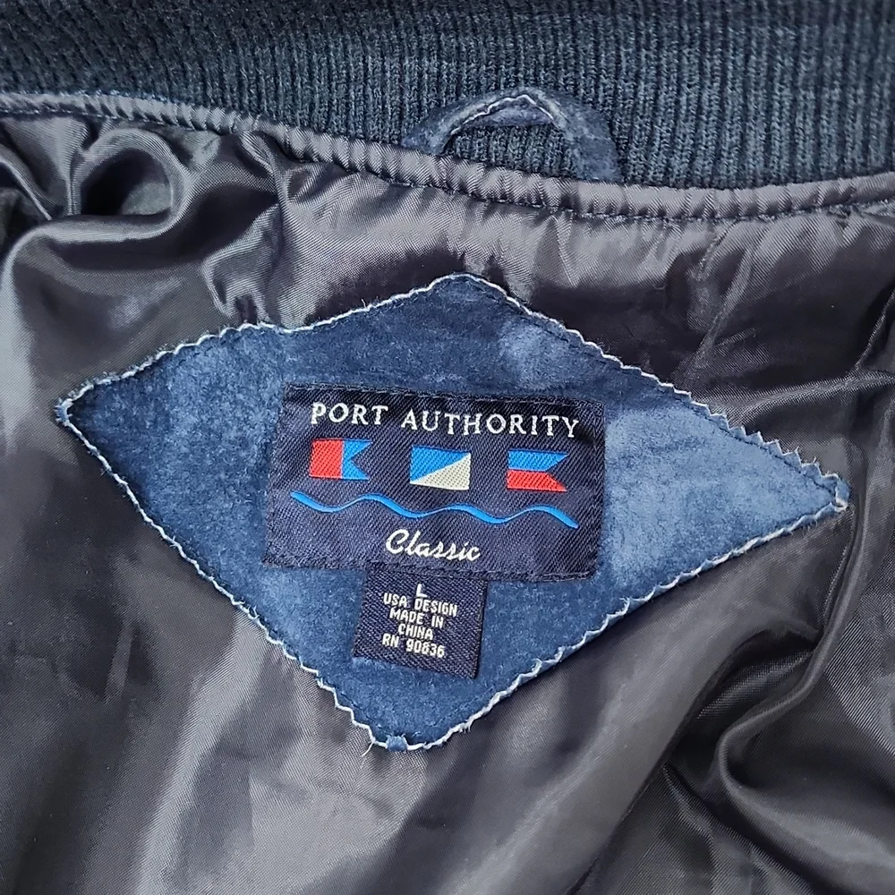 PORT AUTHORITY VINTAGE SUADE BOMBER LEATHER JACKET, LARGE, BLUE AND BROWN